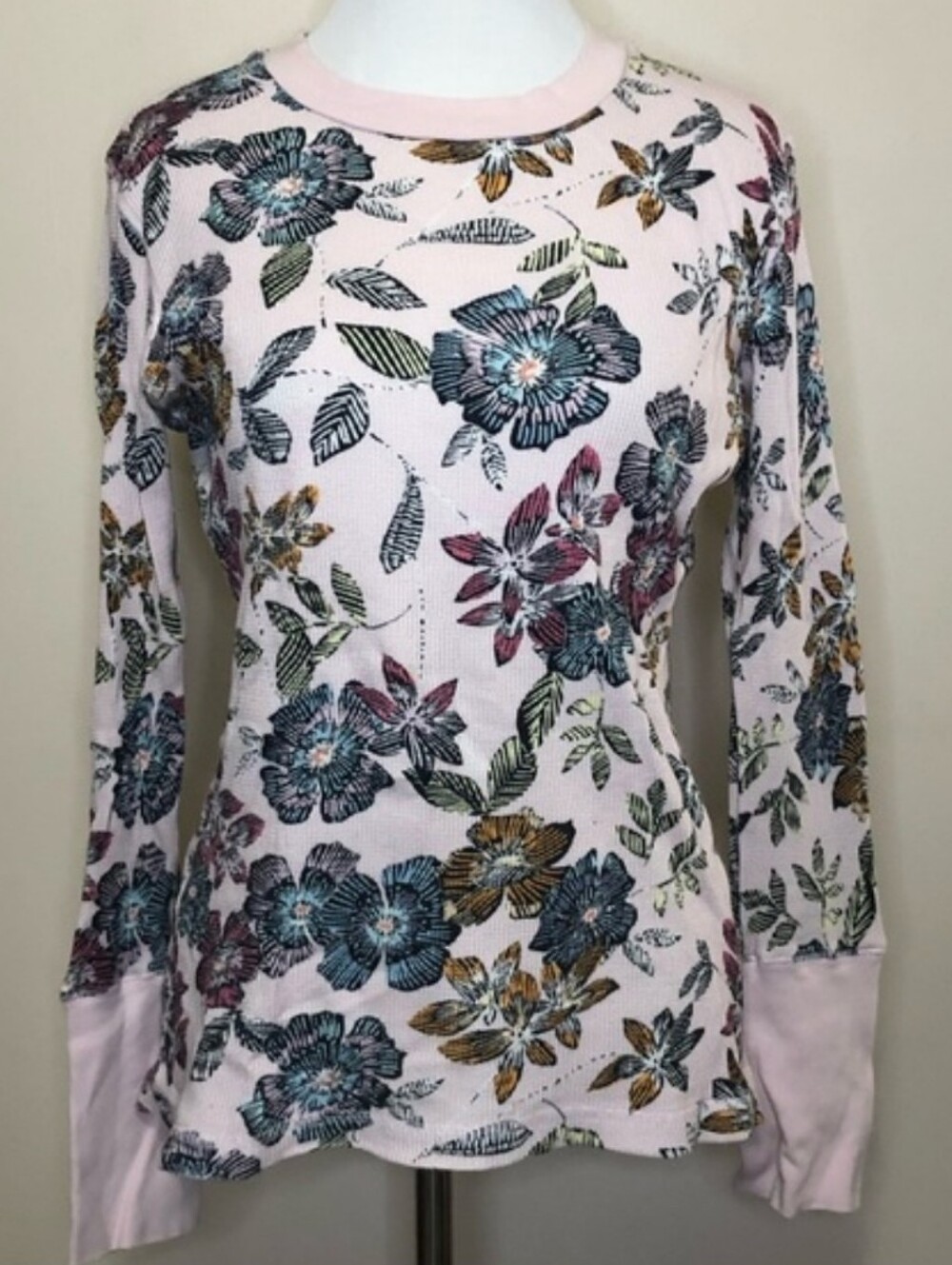 Women's Pink Blue Pink Floral Long-Sleeve Thermal Top Feminine Coquette Layering
